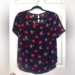Simply Styled Black Blouse with Red and Green Floral Design Medium